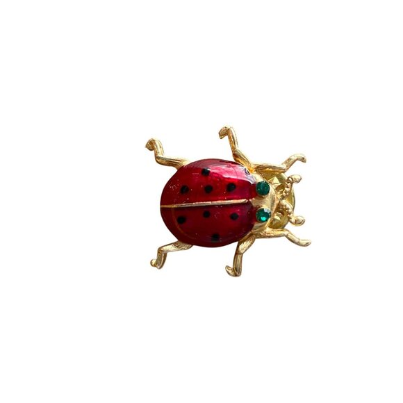 Vintage Gold Tone Red Enamel & Rhinestone Ladybug Pin - Picture 6 of 6